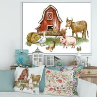 DesignArt 'Фарма куќа со гуска крава свиња пилешко и сено' рустикално врамено платно wallидно уметност принт