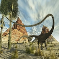 Двајца диплодокус диносауруси бараат храна во Пустински Пејзаж Печатење На Постер