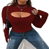 Секси обичен штанд јака од маички со долг ракав Бургундија плус големина маици