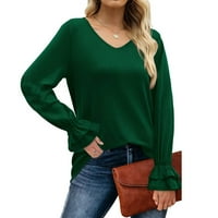 Ксинкингхао Женска Еднобојна Разгорена Долги Ракави Блузи Кошула V Врат Еднобојна Маица Блузи За Жени Зелена XL