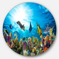 ДизајнАрт „Шарен корал гребен со риби на дискови на мозокот, метална wallидна уметност