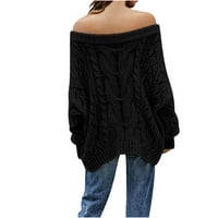 CaComMARK PI Џемпери За Жени Дозвола Дами Еднобојна пуловер надвор Од Рамото Лабави Врвови Со Долги Ракави Црна