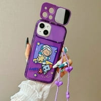Флип До Камера Леќа Огледало Капак Цртан Филм Астронаут Мечка Виолетова Телефон Случај Со Рачен Зглоб За iPhone14 14Plus 14Pro