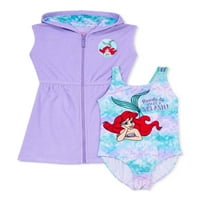 Дизни малата сирена девојки Ариел Еден костим за капење и прикријте сет со 2 парчиња, големини 4-12
