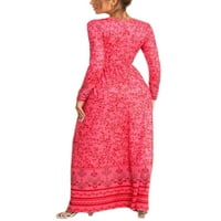 Глонме Цветен Принт Фустан Со Целосна Должина За Жени Лабави Празнични Макси Фустани Плисиран Линиски Фустан Со Џеб Црвено С