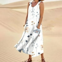 Жените Без Ракави Печатени Мода Глуждот Должина Сонце Фустан Лето Лажичка Вратот Фустан Белата