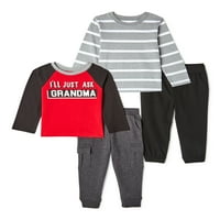 Гаранималс бебе момче и дете момче со долги ракави маици, панталони и товарен џогер, панталони, сет, 4-парчиња, 12м-5Т