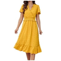 Фустани За Жени Плус Големина Женски Клиренс А-Линија Цврст V-Врат Краток Ракав Должина На Коленото Боемски Пеплум Фустани Жолта