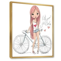 DesignArt „Млада жена со велосипед“ детска уметност врамена платно за печатење на wallидни уметности