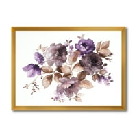 DesignArt 'Виолетова ретро цвеќиња со кафеави лисја на бело' традиционално врамено уметничко печатење