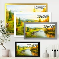 DesignArt 'Есенски пејзаж со шумска река и планински езерски куќи врамени уметнички принт