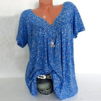 Leylayray Блузи За Жени Жени Плус Големина Кратки Ракави V-Вратот Печатење Блуза Пуловер Блузи Кошула Сина XL